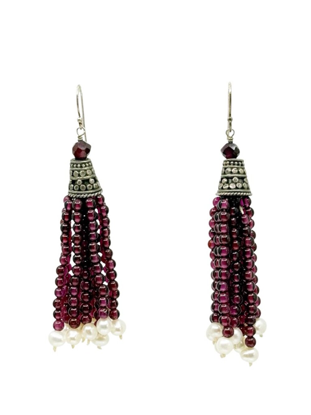 Hand Made sterling silver garnet & freshwater pearl tassel drop earrings - GM224